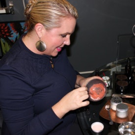 Kim Borio demonstrates the Glycelene Anti-Aging Clay Mask.