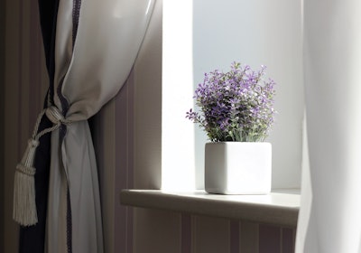 Decorative flower stands on window sill
