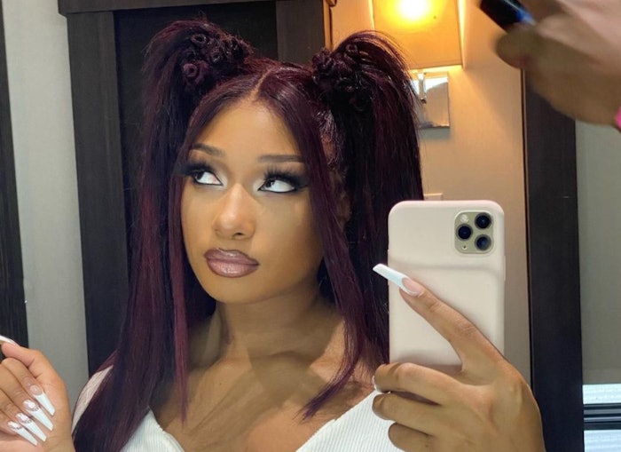 Megan Thee Stallion rocking a lipstick-shaped French tip set by an unknown artist
