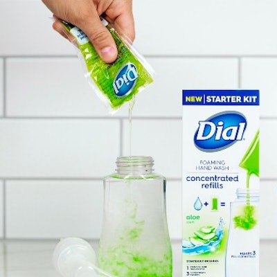 Each Dial Concentrated Refill packet mixes with water to make a full-size bottle of Dial Foaming Hand Wash.