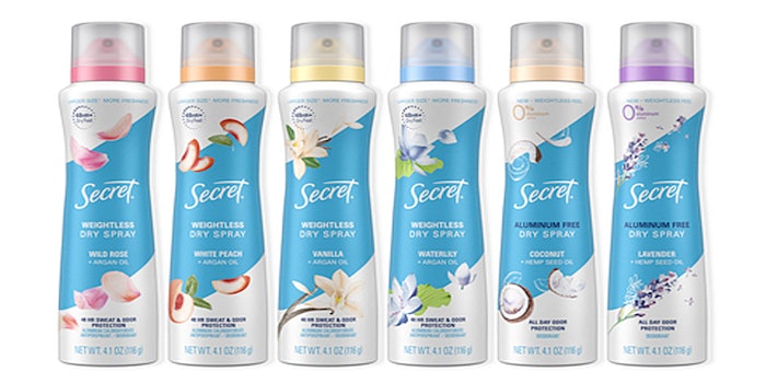 The updated Weightless Dry Spray Collection was redesigned to give women protection with a targeted application that gets more product where it’s needed with less cloud.