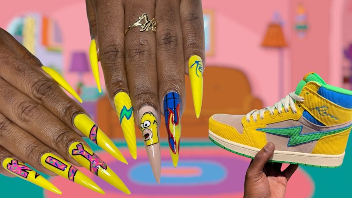 Christie Schobel improvised to create a nail set inspired by Kool Kiy shoes and Homer Simpson