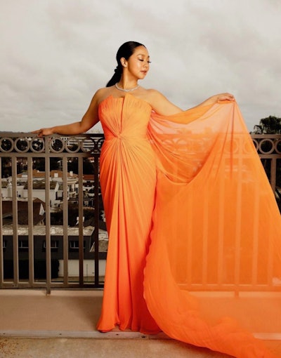 Celebrity hairstylist Dallin James used products from Hairstory to create Stephanie Hsu's hair look for the Critics' Choice Awards.