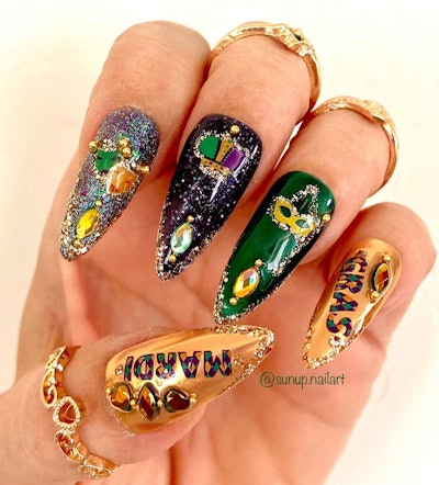 Mardi Gras nail art by @sunup.nailart