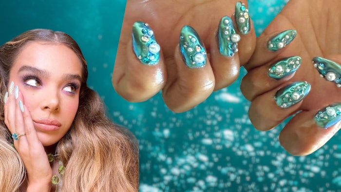 With the recent release of Disney's The Little Mermaid, celebrities are sporting mermaidcore nail looks. Use this inspo for your clients.
