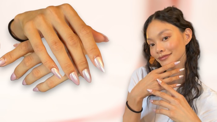 Lead Nail Artist Leanne Woodley created a pink chrome nail look for the Mirror Palais Spring/Summer 2024 runway show during New York Fashion Week.