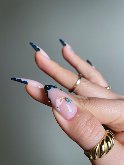 “Have you ever seen those Victorian hand illustrations? I wanted to make this set as whimsical and romantic as possible with the scalloped hunter green tips and the teeny tiny stars and moons.”