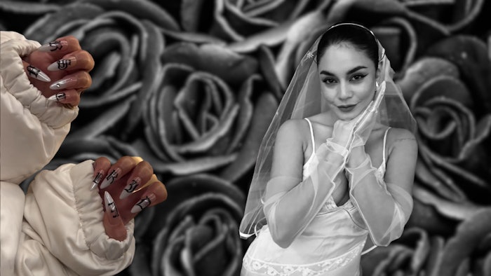 Nail artist Zola Ganzorigt created Vanessa Hudgens' gothic nail art for her bachelorette party in Aspen, Colorado.