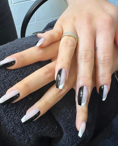 nail artist Eri Ishizu (@eriishizu) created an abstract French nail look for Shay Mitchell using products from Aprés Nail.