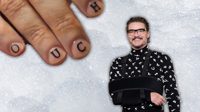 @nailpaint.christina created Pedro Pascal's hilarious Golden Globes nail art as a nod to the sling he wore to the awards show.