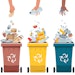 Garbage segregation. Waste separate, classification and recycling concept. Colored dustbin or trash cans for each type - organic, metal, paper, plastic, glass, e-waste and other.