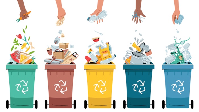 Garbage segregation. Waste separate, classification and recycling concept. Colored dustbin or trash cans for each type - organic, metal, paper, plastic, glass, e-waste and other.