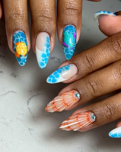 Airbrush pool water nail design and 3D seashell nail art with cartoon fish nail art