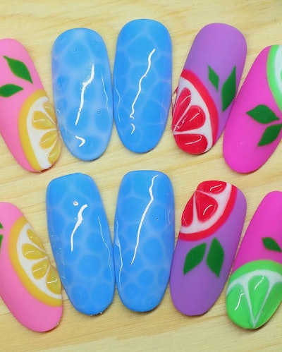 Pool water and 3D fruit nail art