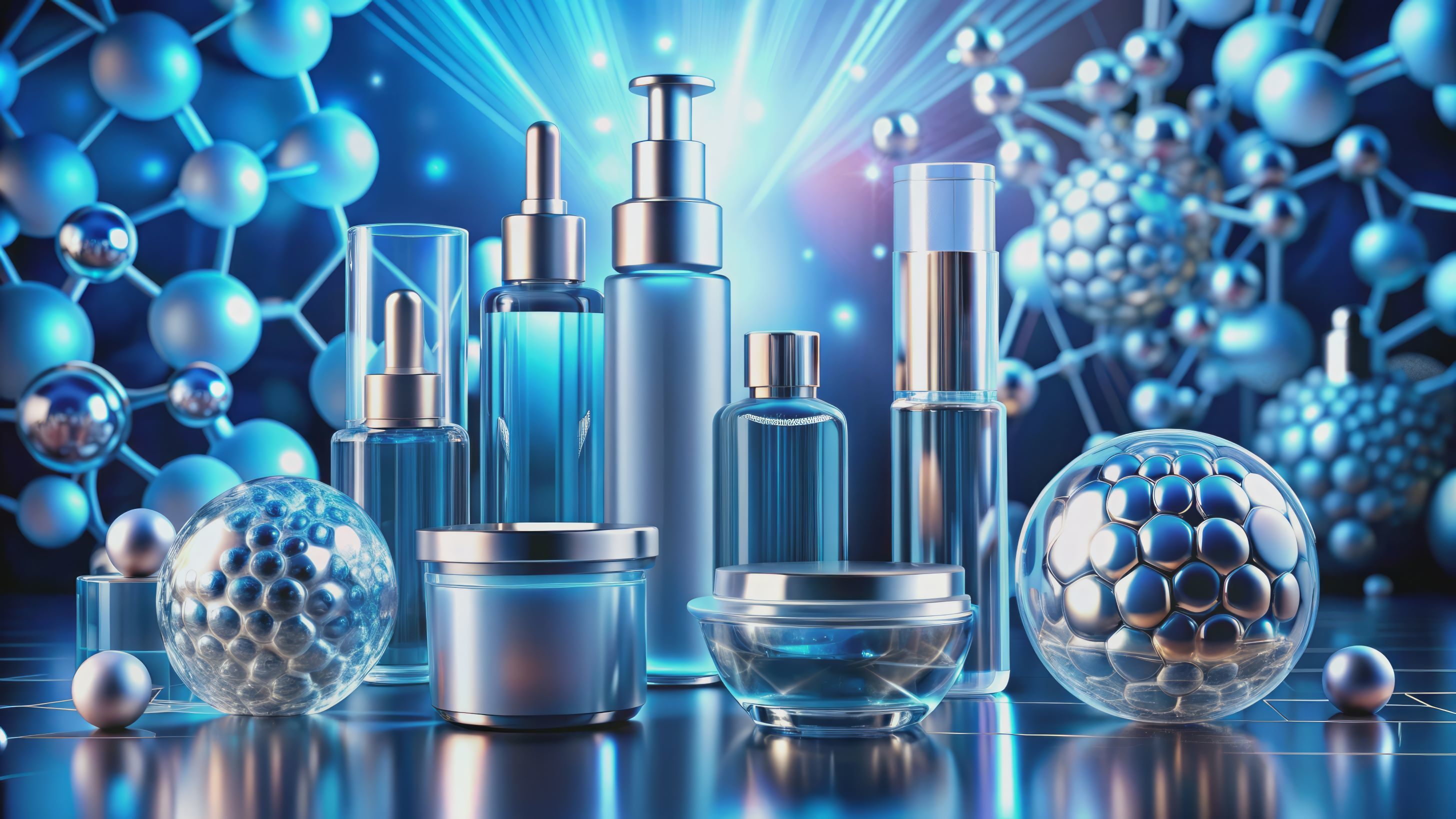 Glowing molecular structures and 3D atoms surround a luxurious skincare collection featuring collagen serum, exosome infusion, and moisturizer innovation.