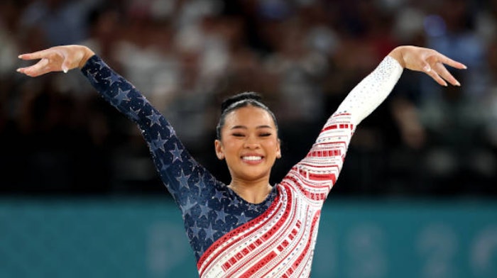 Suni Lee flaunted her nails at the Paris Olympic Games in the style Pure, her favorite go-to look featuring an almond shaped nail with a French manicure.