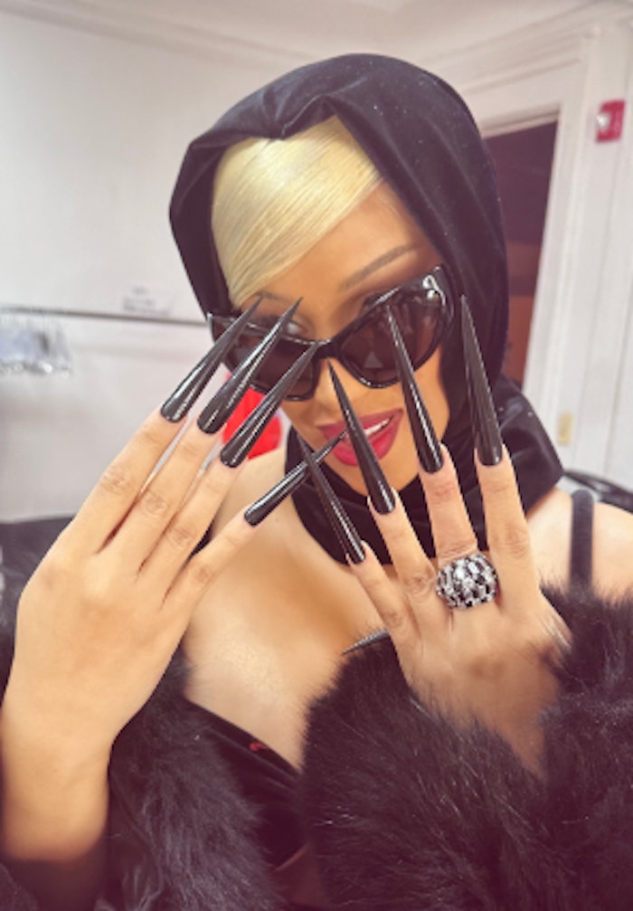 Cardi B's nail design on the set of the music video for 'On Dat Money' using OPI's new GelColor Inteli-gel formula.