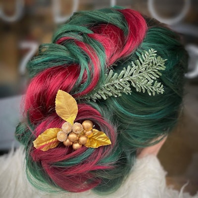 Red and green hair styled in a updo.