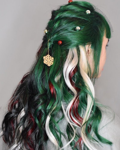 Green hair with red, white and black wavy peek-a-boo strands