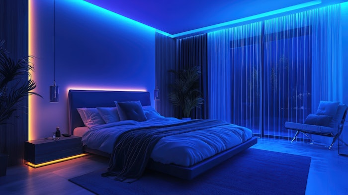 Bedroom with LED lighting and smart home integration, reducing overall energy use