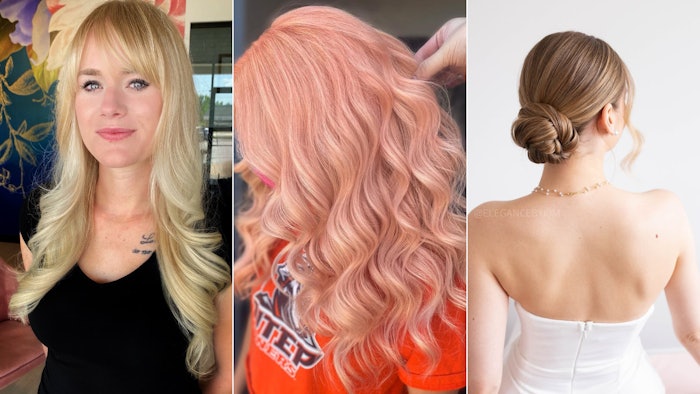 Pictures of three hair trends of 2024: fringe bangs, peach hair and ballet buns.