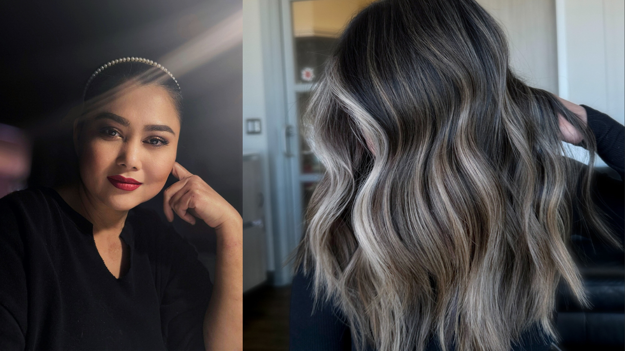 Jada Santi's headshot and one of her balayage creations.