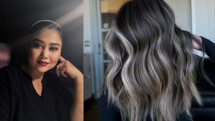 Jada Santi's headshot and one of her balayage creations.