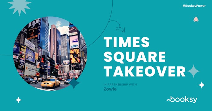Booksy Times Square Takeover Promotional Image that features a teal background and stock picture of Times Square.