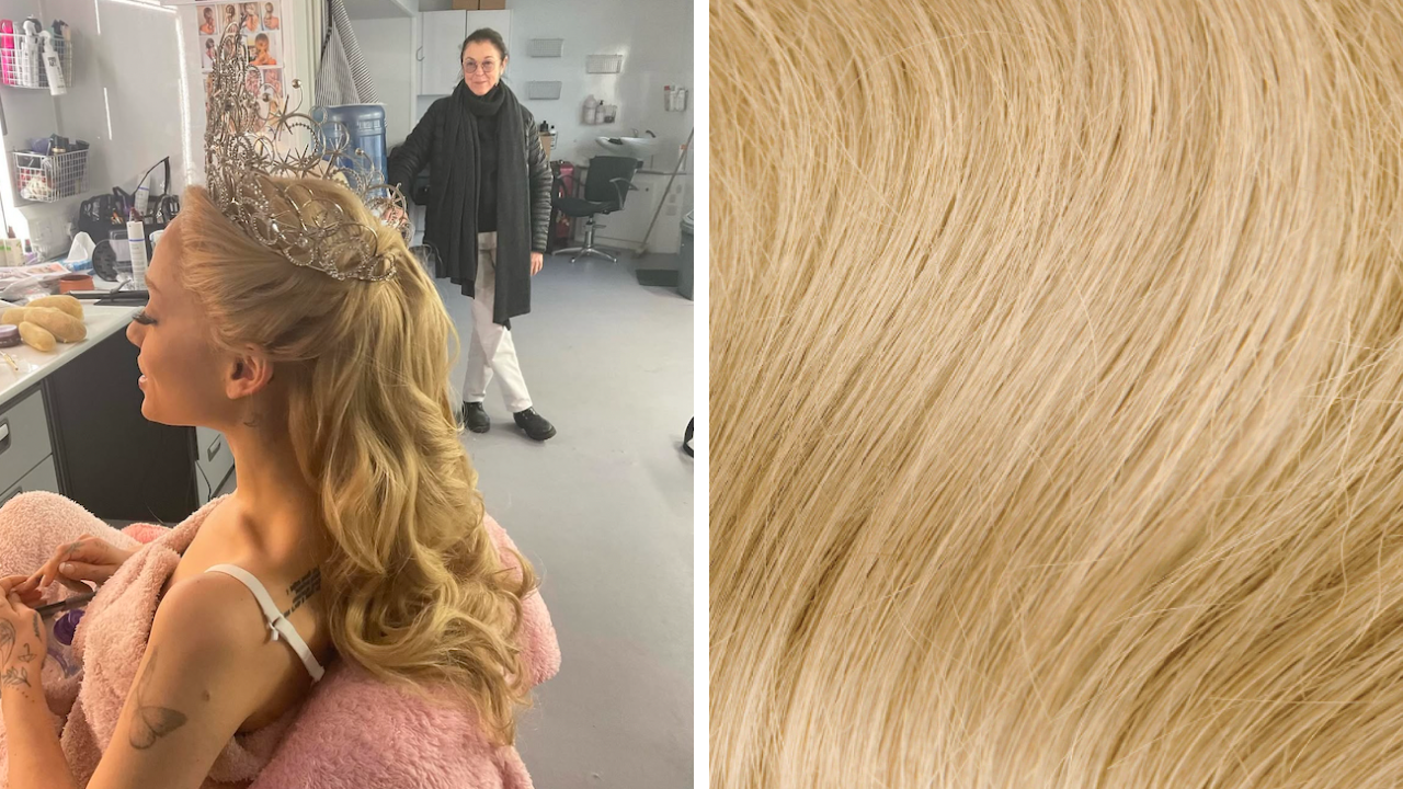 Ariana Grande in hair and makeup while filming Wicked and a close up of hairtalk's color 23 hair extensions.