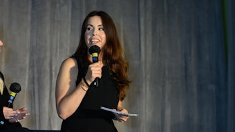 Angela Cattaneo moderating the bridal panel at Beauty Gives Back in Chicago in September 2024.