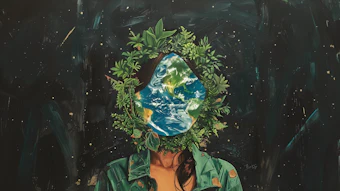 A sketch that features a person wearing a jean jacket. The person's face is the Earth, and there's a plant crown wrapped around their head.
