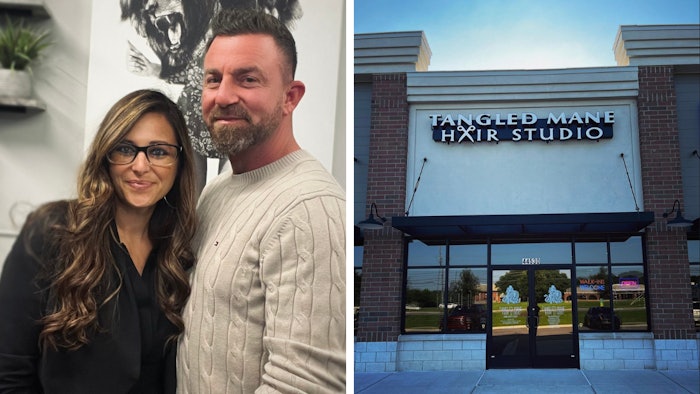 Bill and Samantha Brookshire and the exterior of their salon Tangle Mane Hair Studio