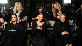 Yui Noto NYFW Show, where Goldwell served as the hair team sponsor. Here, three Goldwell artists each style a model's hair for the runway.