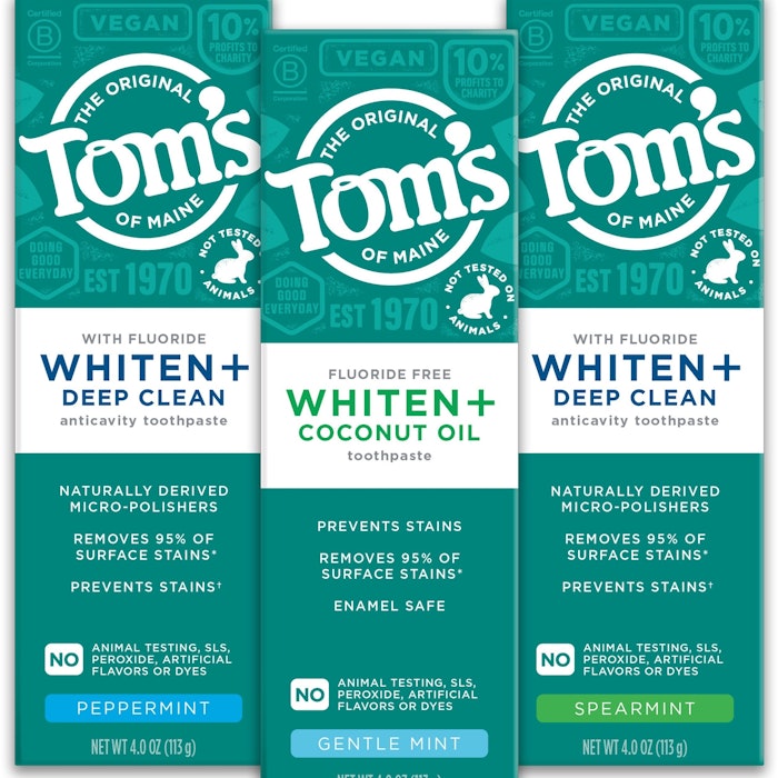 The new toothpaste is available in two formulas: Whiten+ Deep Clean (which contains fluoride) in peppermint and spearmint, and Whiten+ Coconut oil (fluoride-free) in gentle mint.