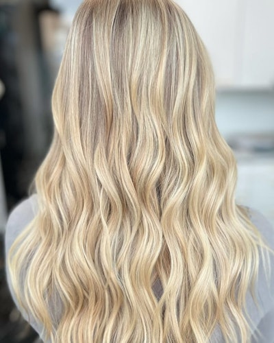 Buttery blonde hair color created by Amy Spencer