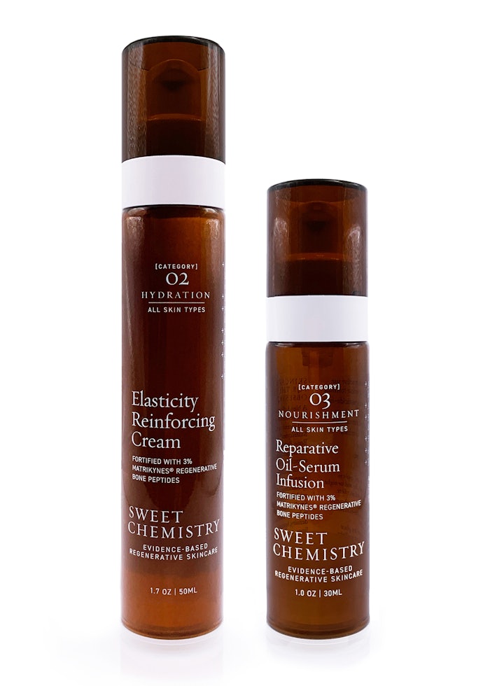 Sweet Chemistry&rsquo;s breakthrough elasticity-reinforcing cream features 45% actives, including Matrikynes Peptides and Vitamin C, for repair and hydration.