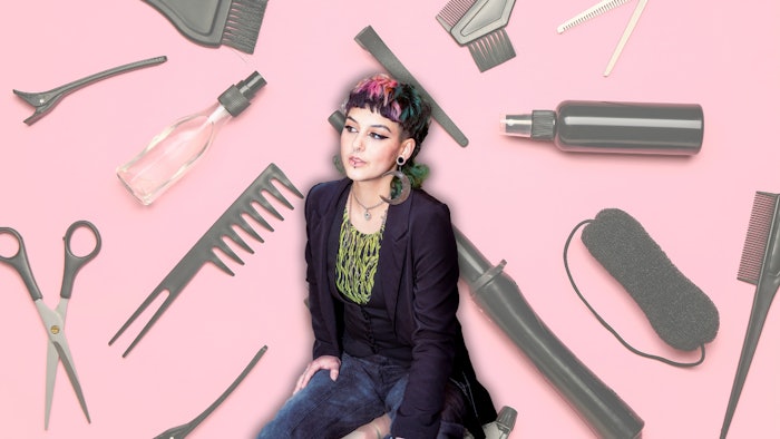 Faeth Leilani headshot against a pink background covered in hair tools.