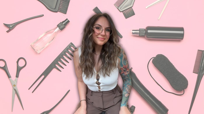 Gianna DeCaro headshot against a pink background covered in hair tools