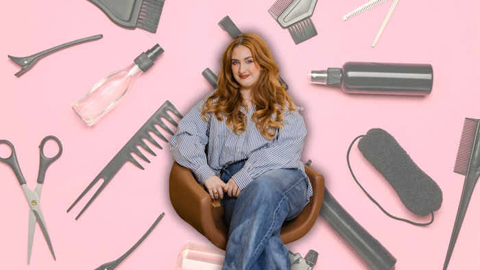 Aofie McCarthy headshot against a pink background covered in hair tools.