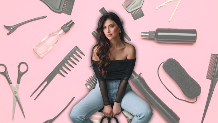 Dani Soderholm headshot against a pink background covered in hair tools.