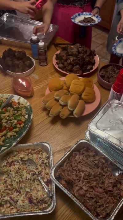 Barbecue food (pasta salad, coleslaw, hot dog/hamburger buns, brownies and barbeque pork)
