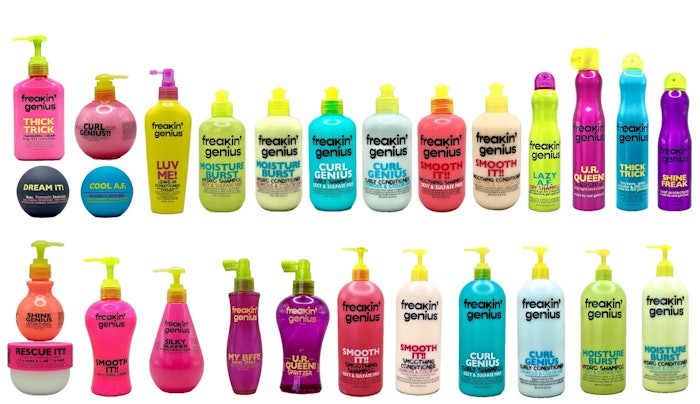 Freakin Genius launches with 21 products that are proudly made in the USA, including shampoos, conditioners, stylers and pro kits, all wrapped in bold, brightly colored packaging and infused with irresistible scents.