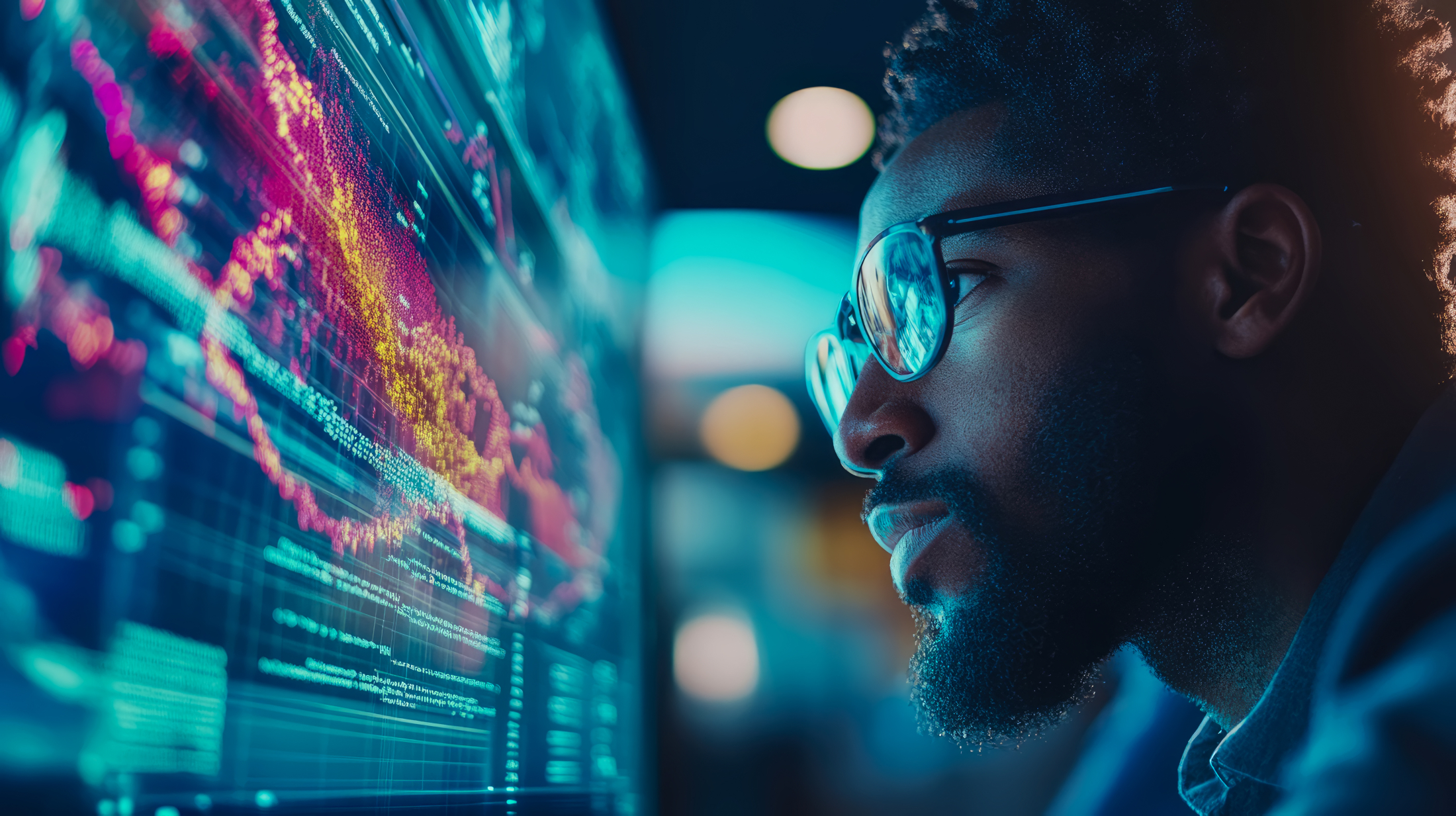 Expert Analyzing Data Computer Male Scientist Neon Adobe Stock 1298116064