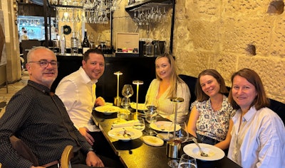 Project collaborators (and family) sharing a meal and discussion in Paris (L to R): Gustavo Luengo (L’Oréal), Ross Bennett-Kennett (Stanford), Bree Bennett-Kennett, Barbara Lynch (L’Oréal) and Anne Potter (L’Oréal)
