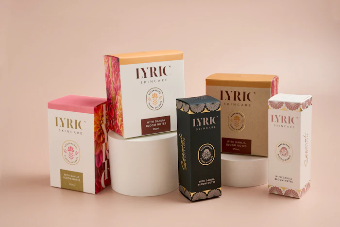 Printed and converted samples created with Neenah Folding Board, showing how the palette can be used for versioning of a beauty brand.