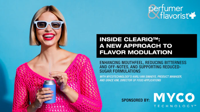 Woman in pink holding blue product bottle promoting ClearIQ flavor modulation technology by MYCO Technology