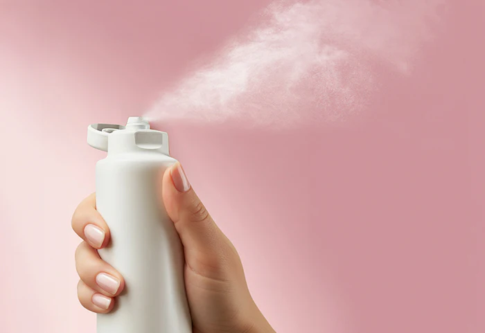 Hand holding white spray bottle dispensing mist against pink background