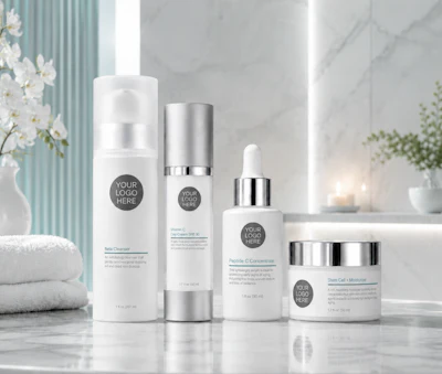 Luxury skincare product line mockup with four white and silver bottles displayed in modern bathroom setting with marble, flowers, and natural lighting