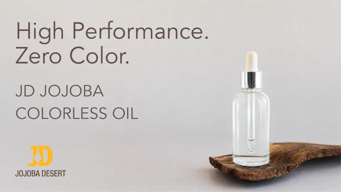 JD Jojoba Colorless Oil bottle with dropper on natural wood surface, advertising high-performance skincare product