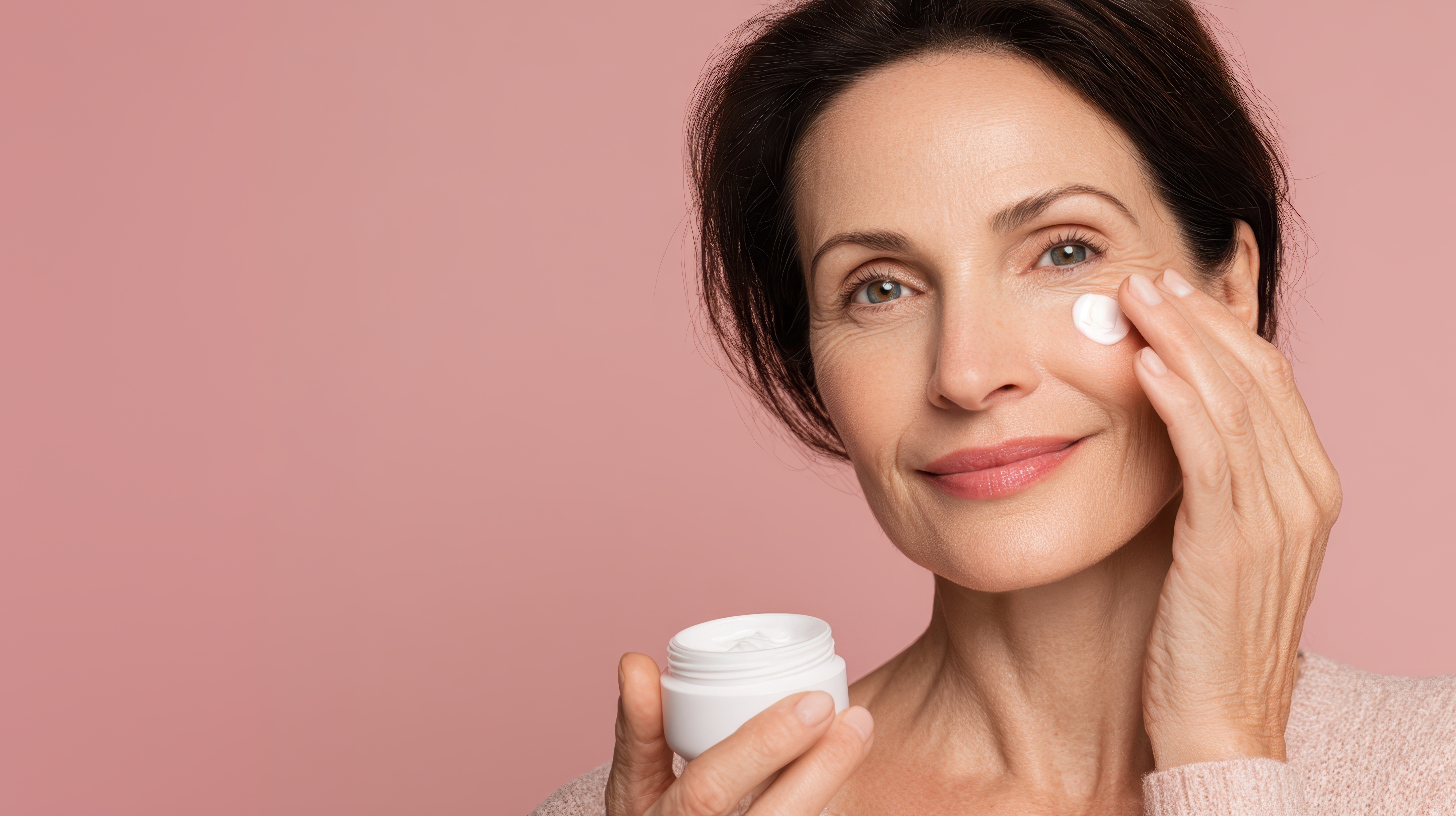 Woman applying anti-aging skincare cream to her face against a pink background